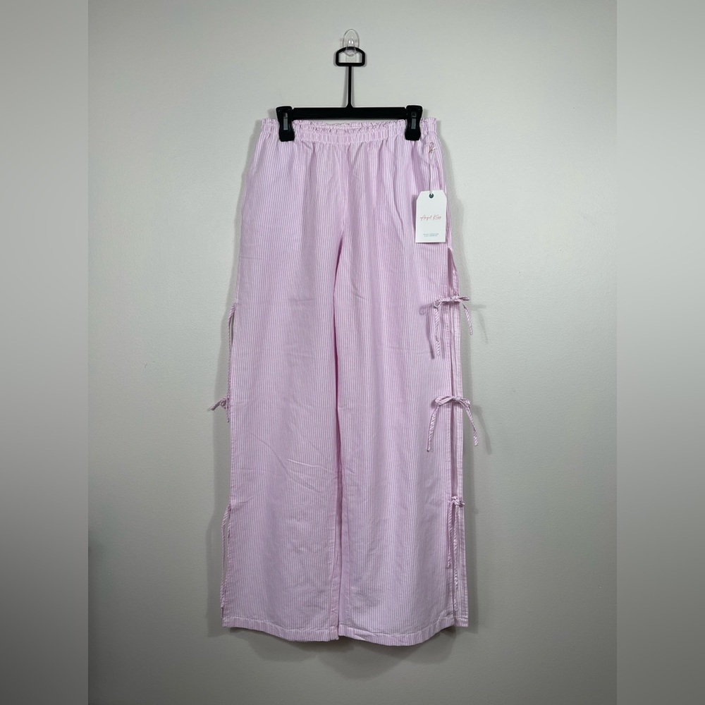 Pink Y2k Gingham Striped Elastic Waist Lace-Up Wide Leg Lounge Pants Plaid NWT - Picture 2 of 11